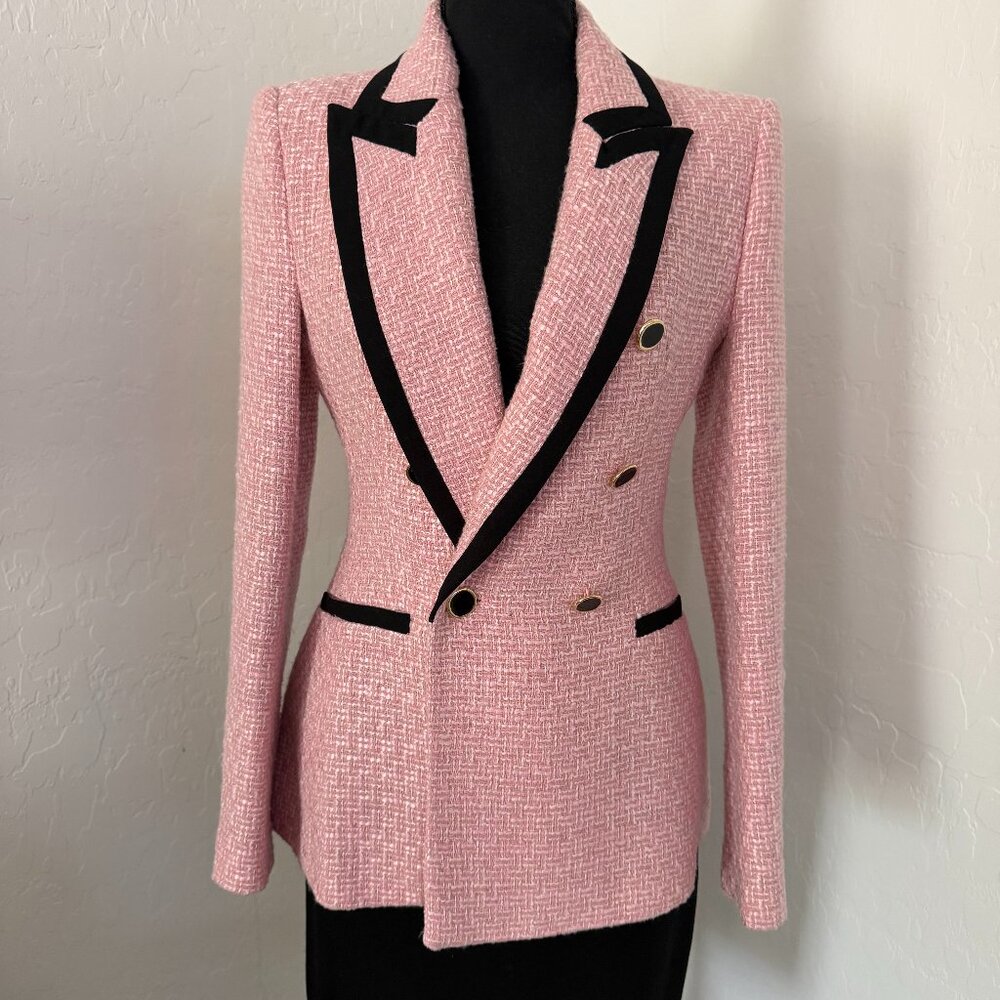 Pink tweed Zara double-breasted blazer with contrast piping